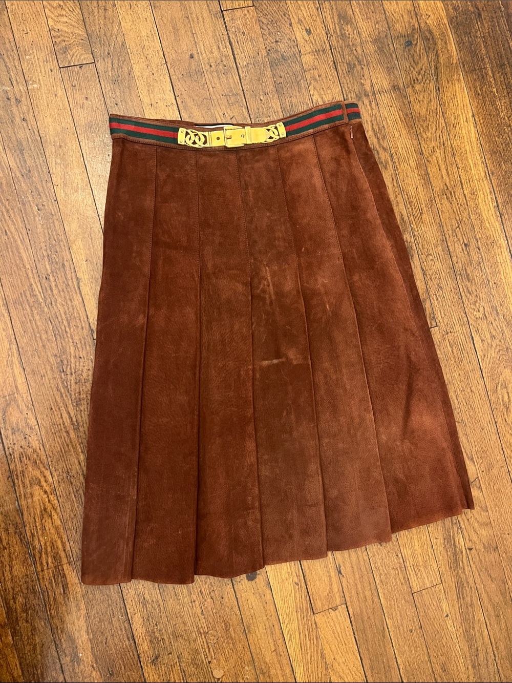 Gucci Brown Suede Pleated Midi Skirt with Signature Stripe Waist